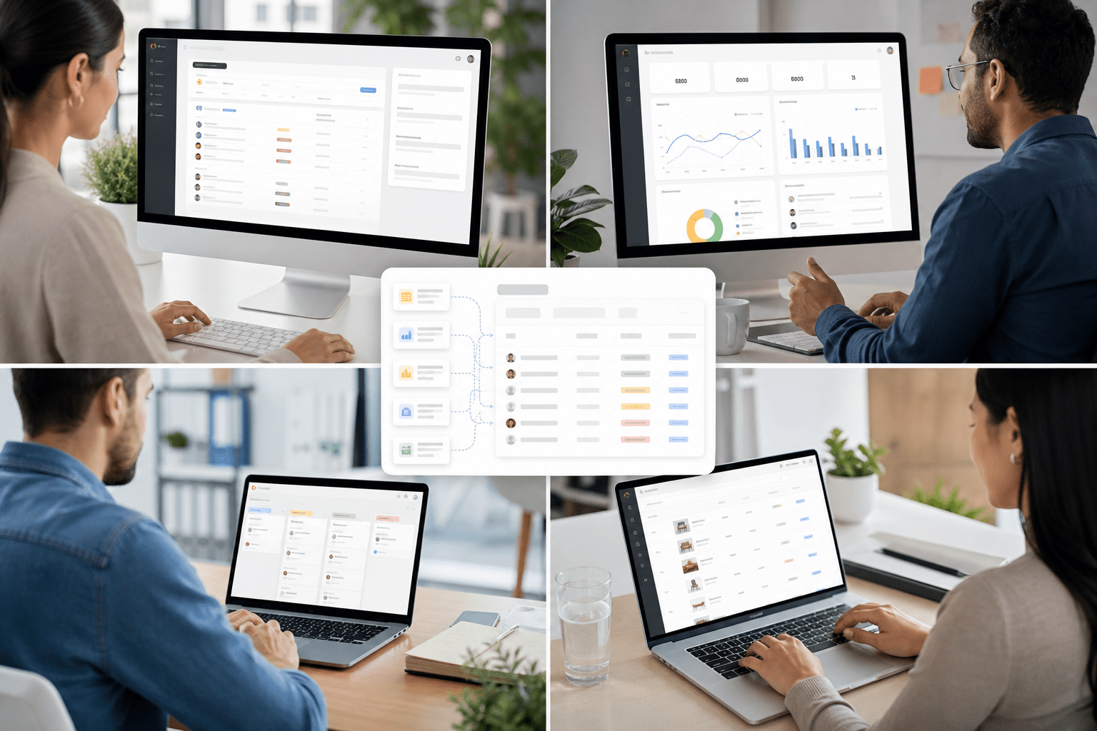 A Softr workspace showing a portal builder, role-permission matrix, automation flows, and live data bound to Airtable and PostgreSQL, with an AI sidebar generating interface sections from natural-language prompts.