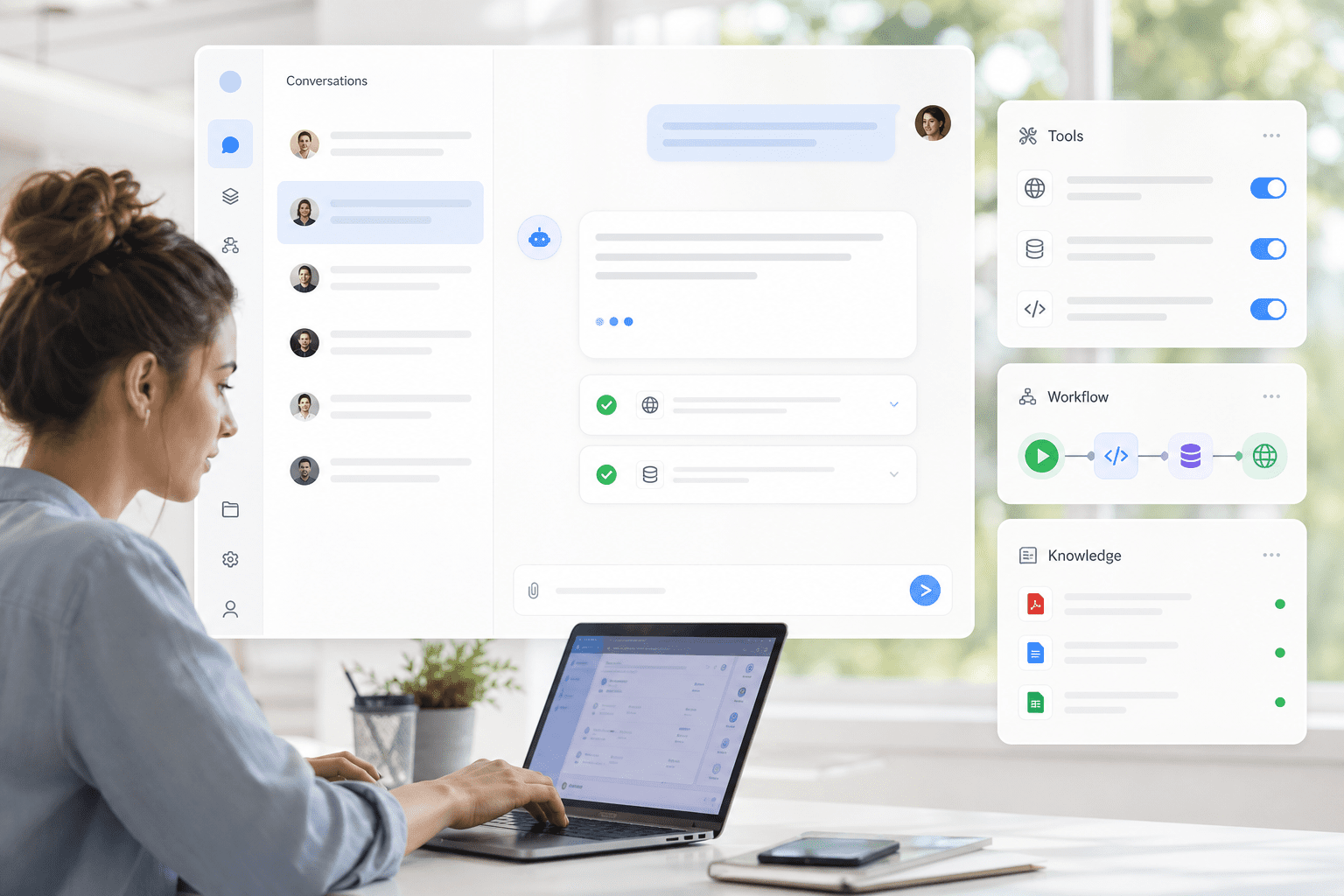 Client chat UI sends prompts to Muse Glimmer via Meta’s API, streams tokens back, invokes function calls for tools, and grounds responses through retrieval connectors to internal knowledge, keeping interfaces responsive during multi-step actions.
