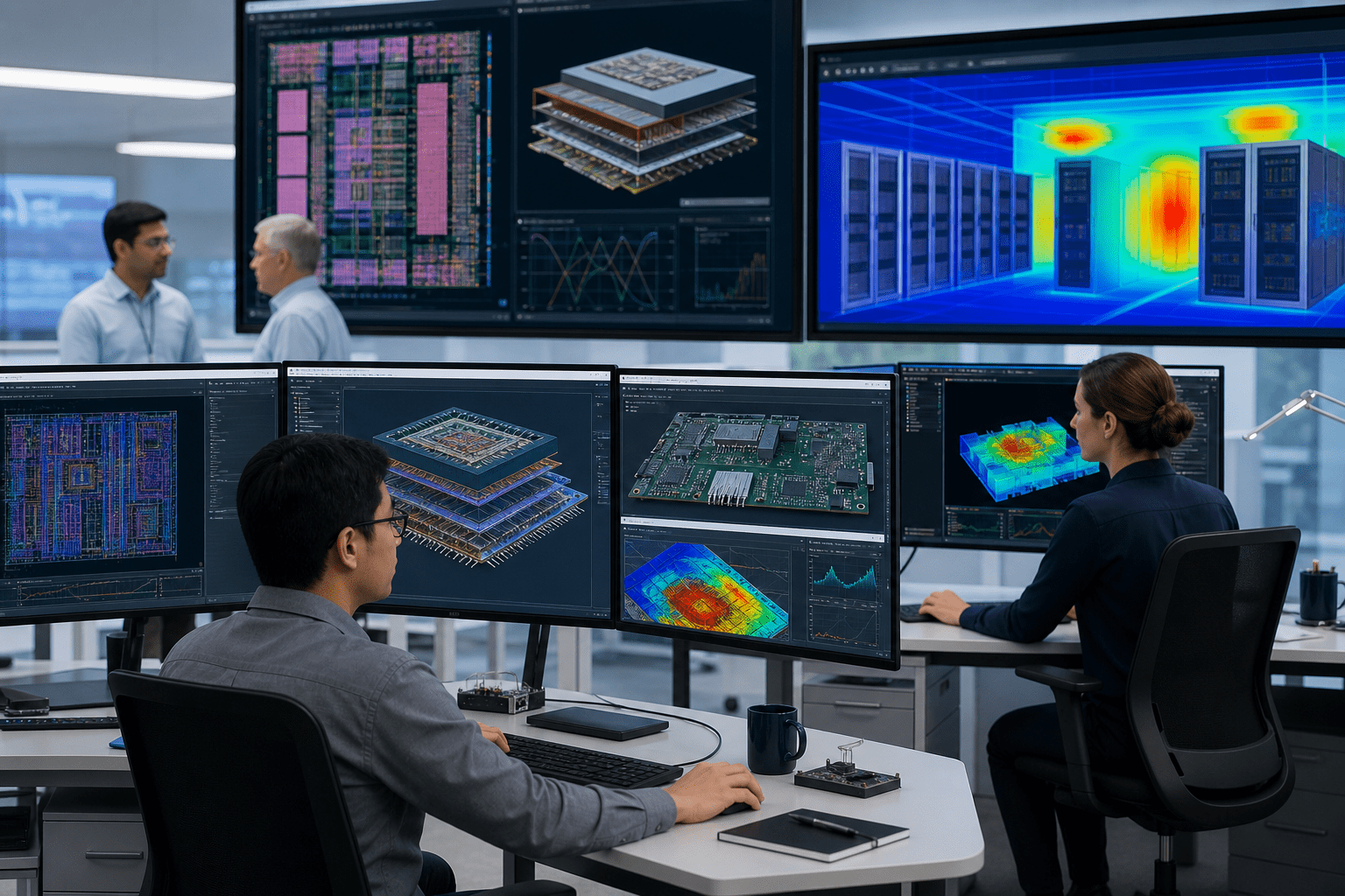La vista unificada del proyecto destaca candidatos de planos impulsados por IA, fallas de verificación agrupadas y superposiciones SI/PI-térmicas, junto con una línea de tiempo del gemelo digital de la instalación con seguimiento de experimentos y utilización de recursos para ejecuciones de diseño reproducibles y a escala.