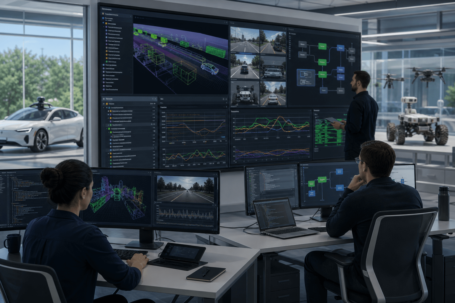Consola unificada que muestra gráficos de agentes, interfaces de módulos, resultados de pruebas y estado de despliegue en Vehicle OS, Sistema de Conducción Autónoma y cargas de trabajo robóticas, con configuraciones por industria y diagnósticos en tiempo de ejecución para máquinas en campo.