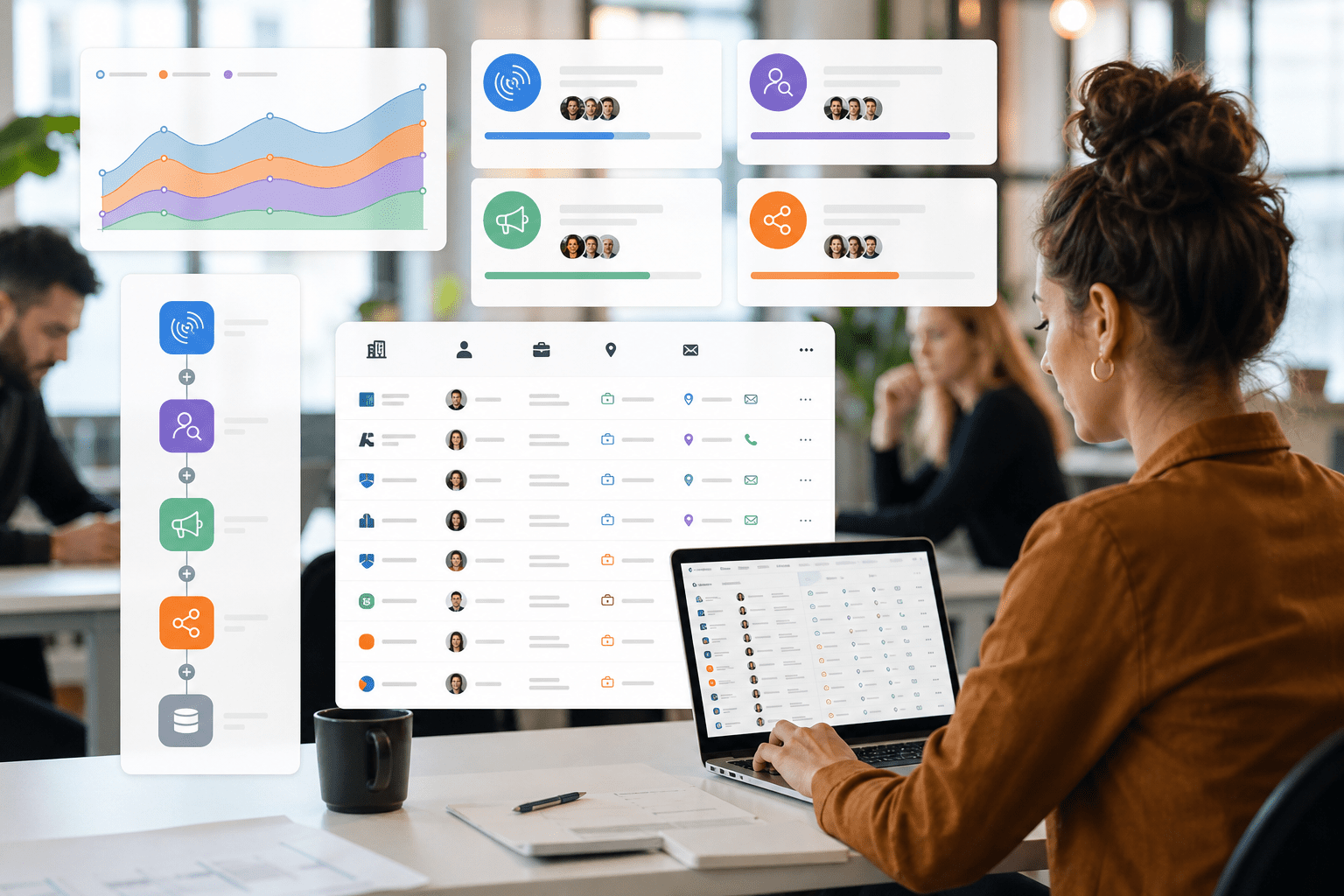 Canvas view showing marketplace connectors, enrichment waterfall, agent steps, and audience syncs to LinkedIn, Meta, and Google Ads, with live intent scores and CRM update statuses for target accounts.