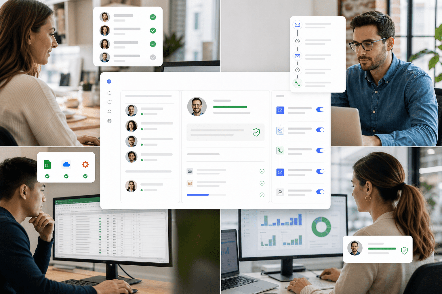 Panel de Secuencias mostrando correos personalizados, seguimientos programados y métricas de rendimiento junto a un panel de verificación con puntuaciones de confianza, riesgo de rebote y progreso de tareas masivas sincronizado con un CRM y Google Sheets.