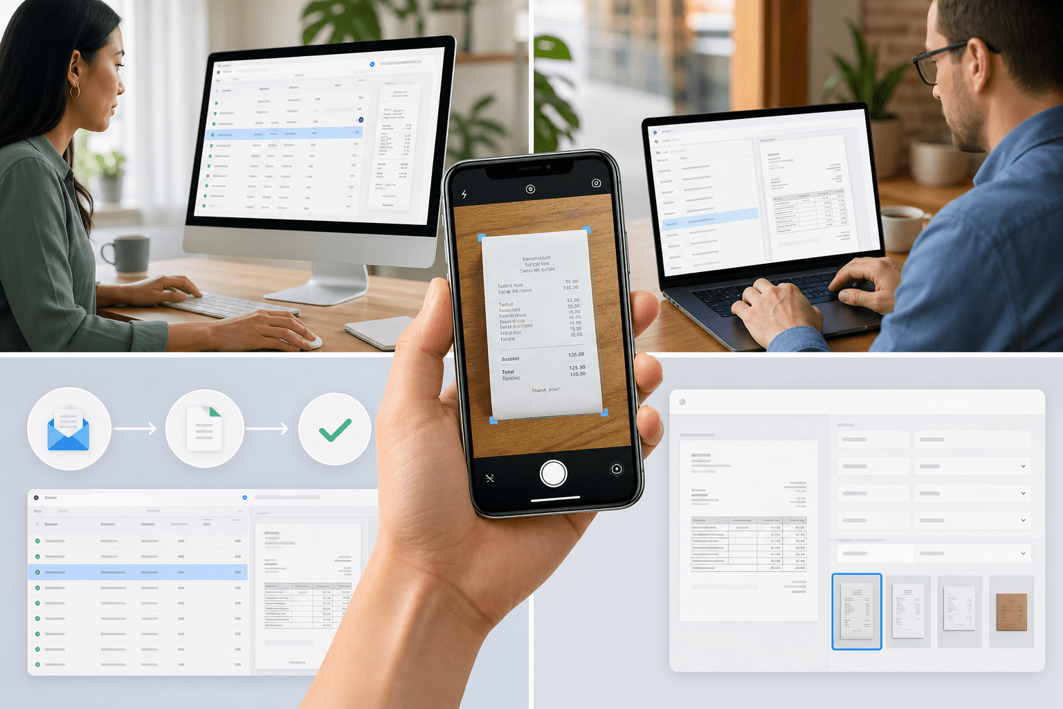 Dashboard listing captured bills with extracted totals, supplier names, due dates, and publish actions, alongside source document thumbnails and filters for review, approval, and export to connected accounting systems.