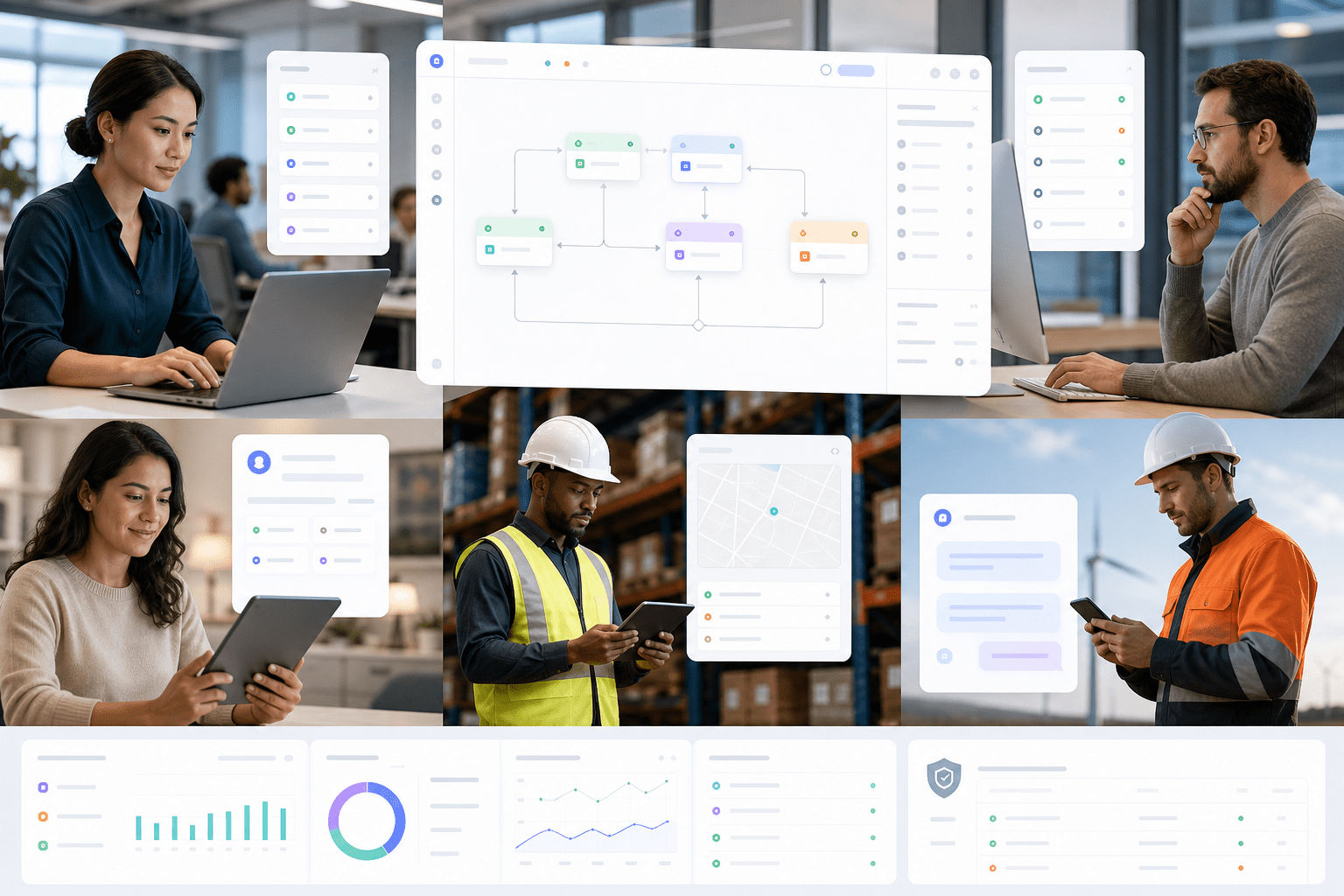 Visual canvas showing an agent workflow orchestrated with human handoffs, connectors to SAP and Salesforce, and a governed runtime dashboard tracking deployments, policies, and performance across environments.