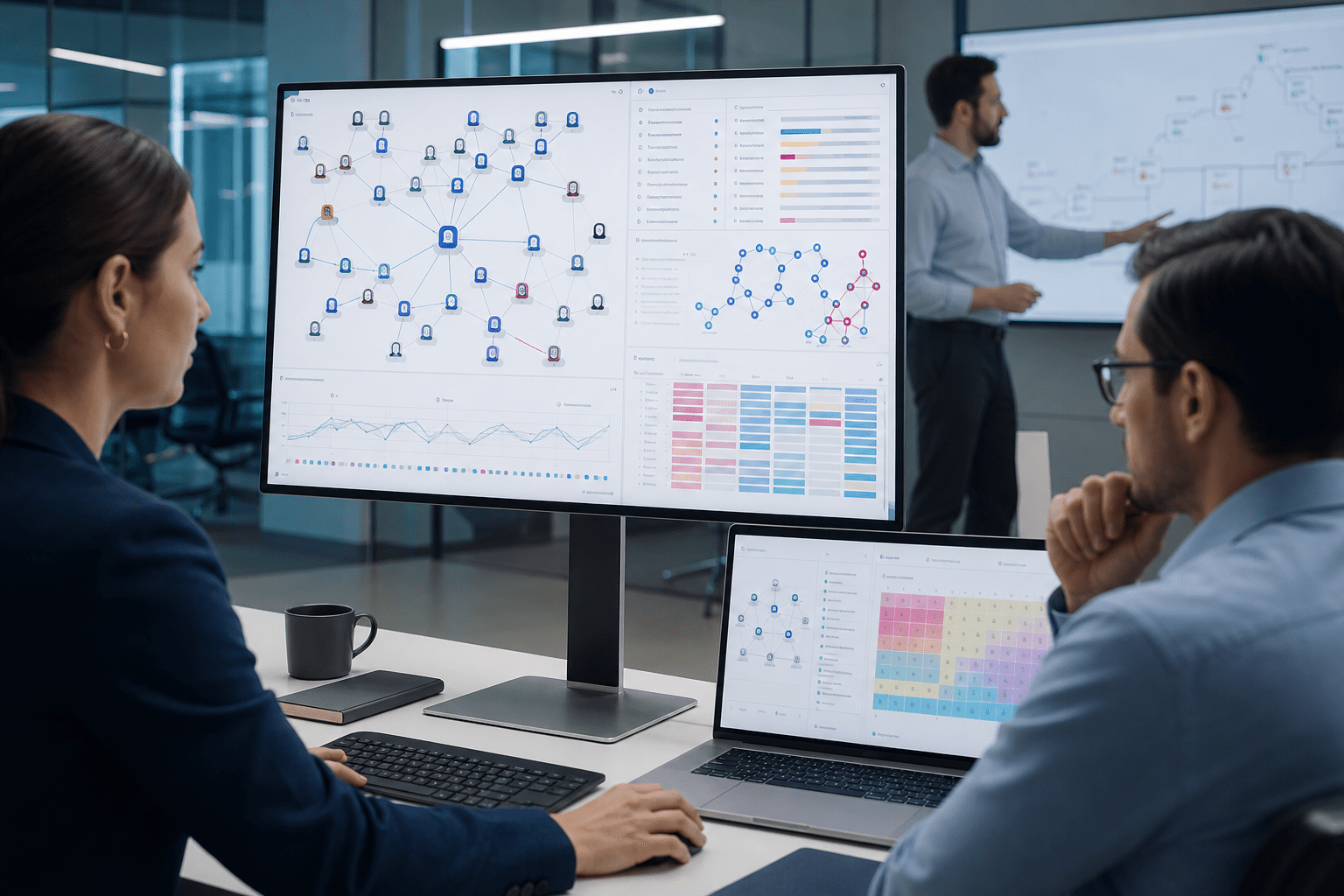 Console showing a live identity graph with humans, machines, and AI agents, connector health, intent-based policies, and inline remediation workflows across applications and infrastructure.