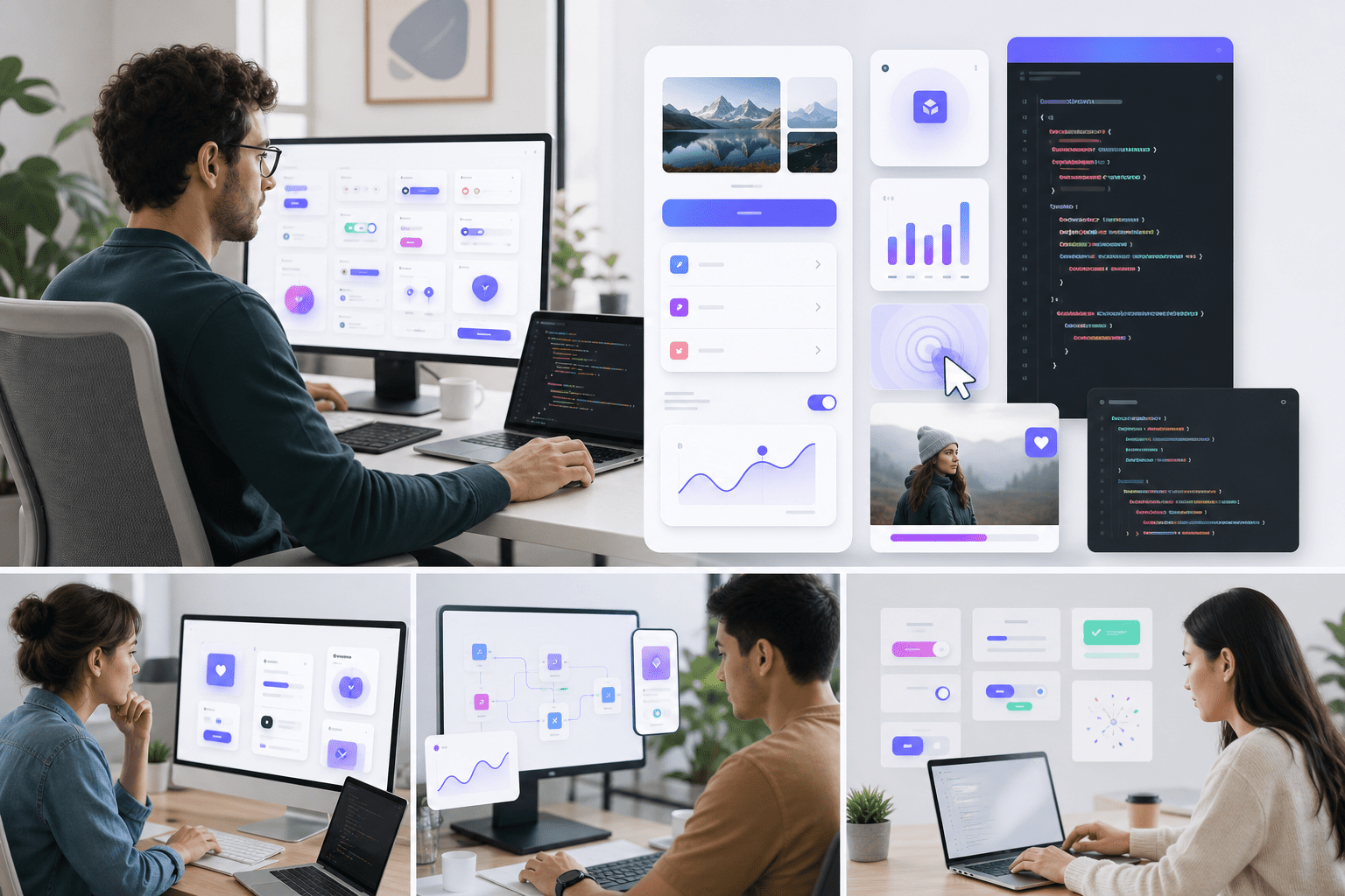 Interaktive Galerie zeigt animierte React-Komponenten mit nebeneinanderstehenden Vorschauen und bearbeitbaren Code-Snippets, einschließlich Steuerungen für Props und Varianten, die eine schnelle Copy-Paste-Integration in bestehende Ansichten und Designsysteme ermöglichen.