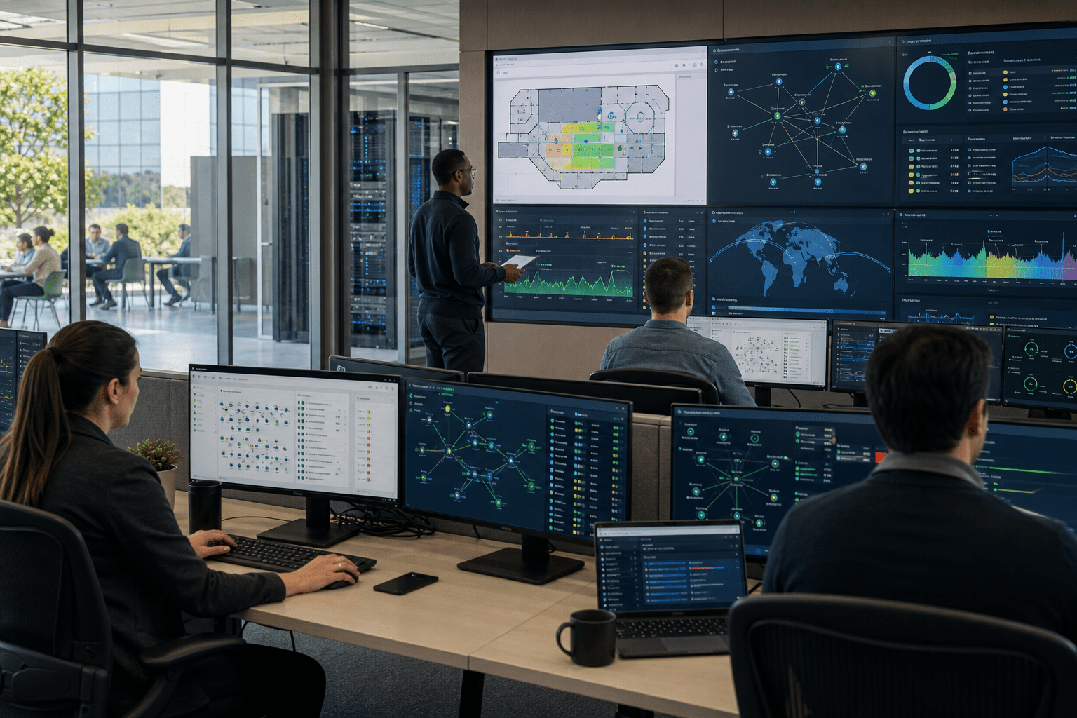Mist cloud surfaces Wi-Fi service levels and Marvis recommendations across sites, while Apstra validates data center intent; SRX and SASE policies enforce Zero Trust consistently from campus to WAN and multicloud edges.