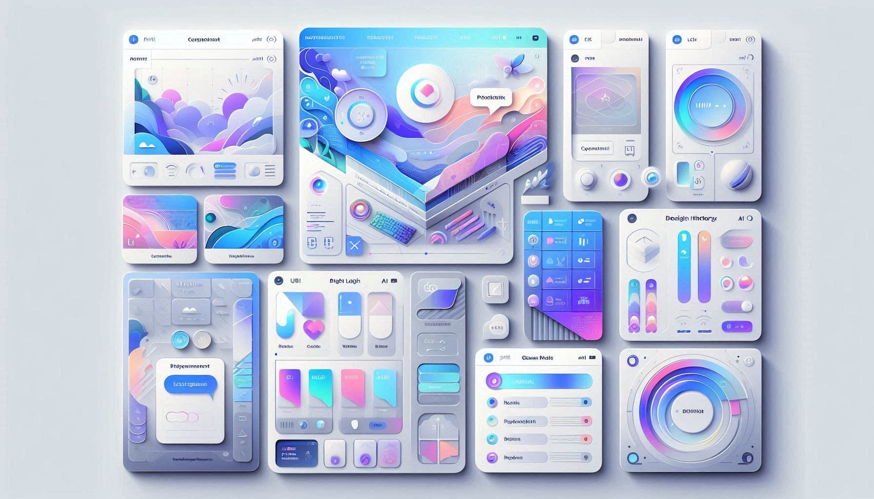 Paico interface showing AI-generated website layouts, app screens, conversational design prompts, and editable UI drafts.