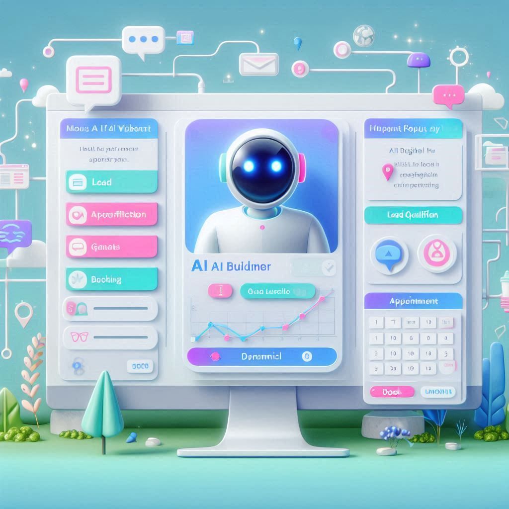 대화형 리드 캡처, 선별 흐름 및 상담 예약 자동화를 보여주는 AI 빌더 인터페이스.
