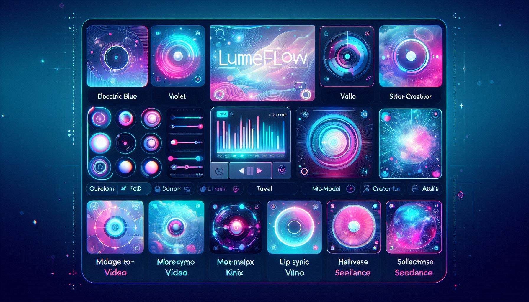 LumeFlow AI 控制台顯示文字生成影片、圖片生成影片動畫、影片重混、動作模仿、對嘴同步、AI 特效、文字生成圖片工具,以及多種創意模型選項。