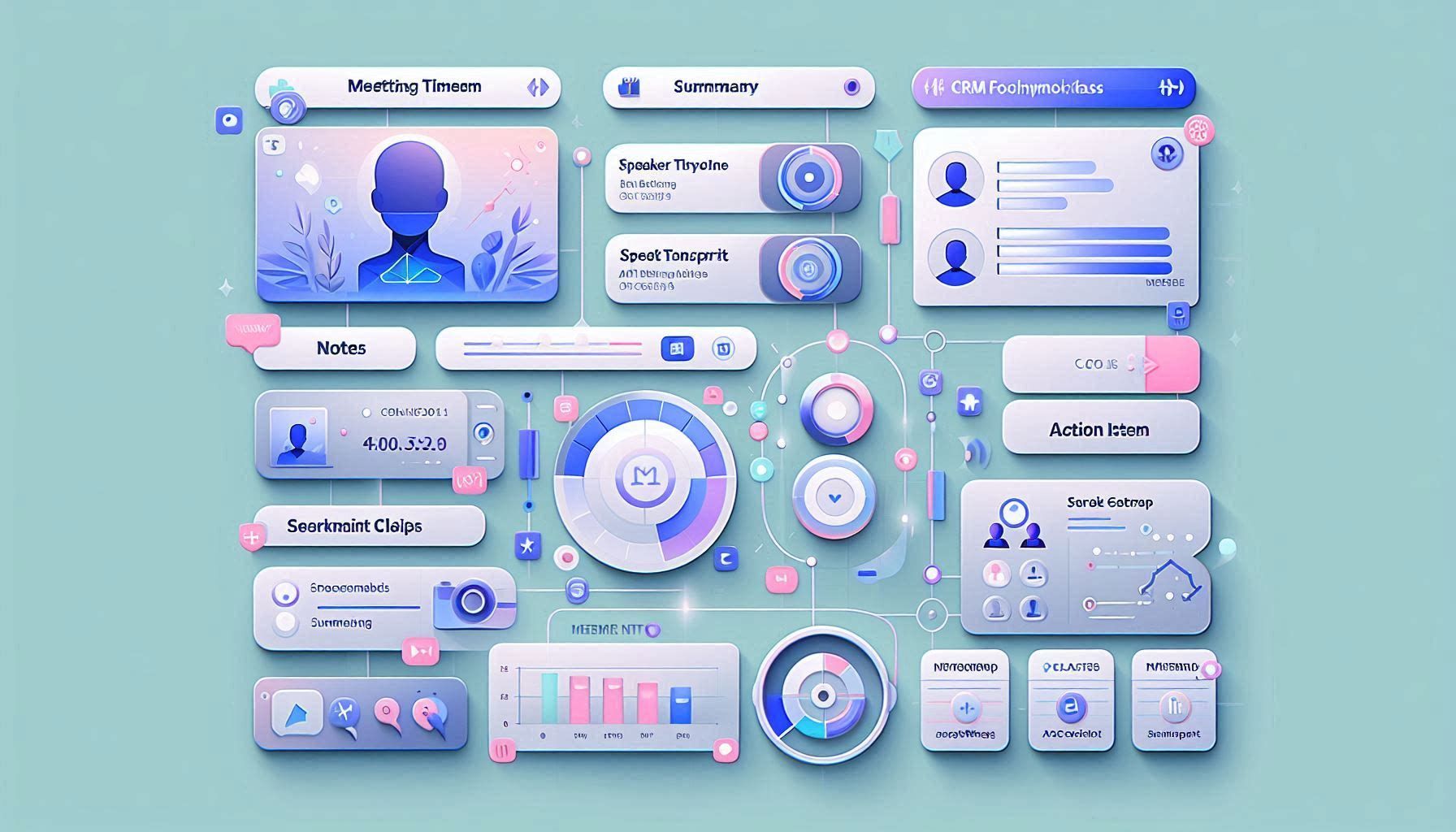 Panel de Fathom que muestra resúmenes de reuniones con IA, transcripciones buscables, elementos de acción, momentos destacados e integraciones de flujos de trabajo.