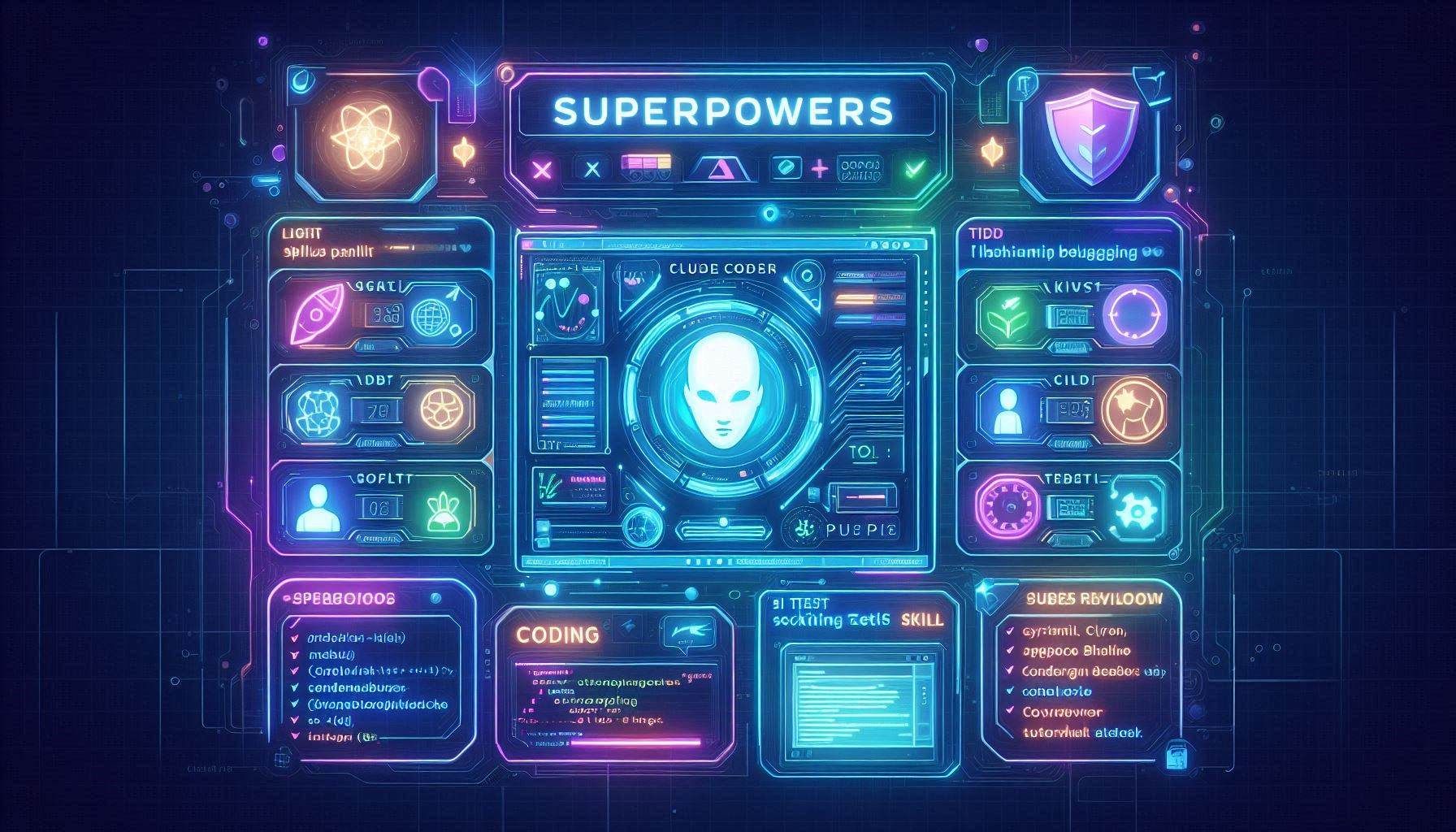 Superpowers workflow showing Claude Code plugin skills, TDD planning, systematic debugging, subagent task delegation, code review checks, custom skill authoring, and agentic software development methodology.