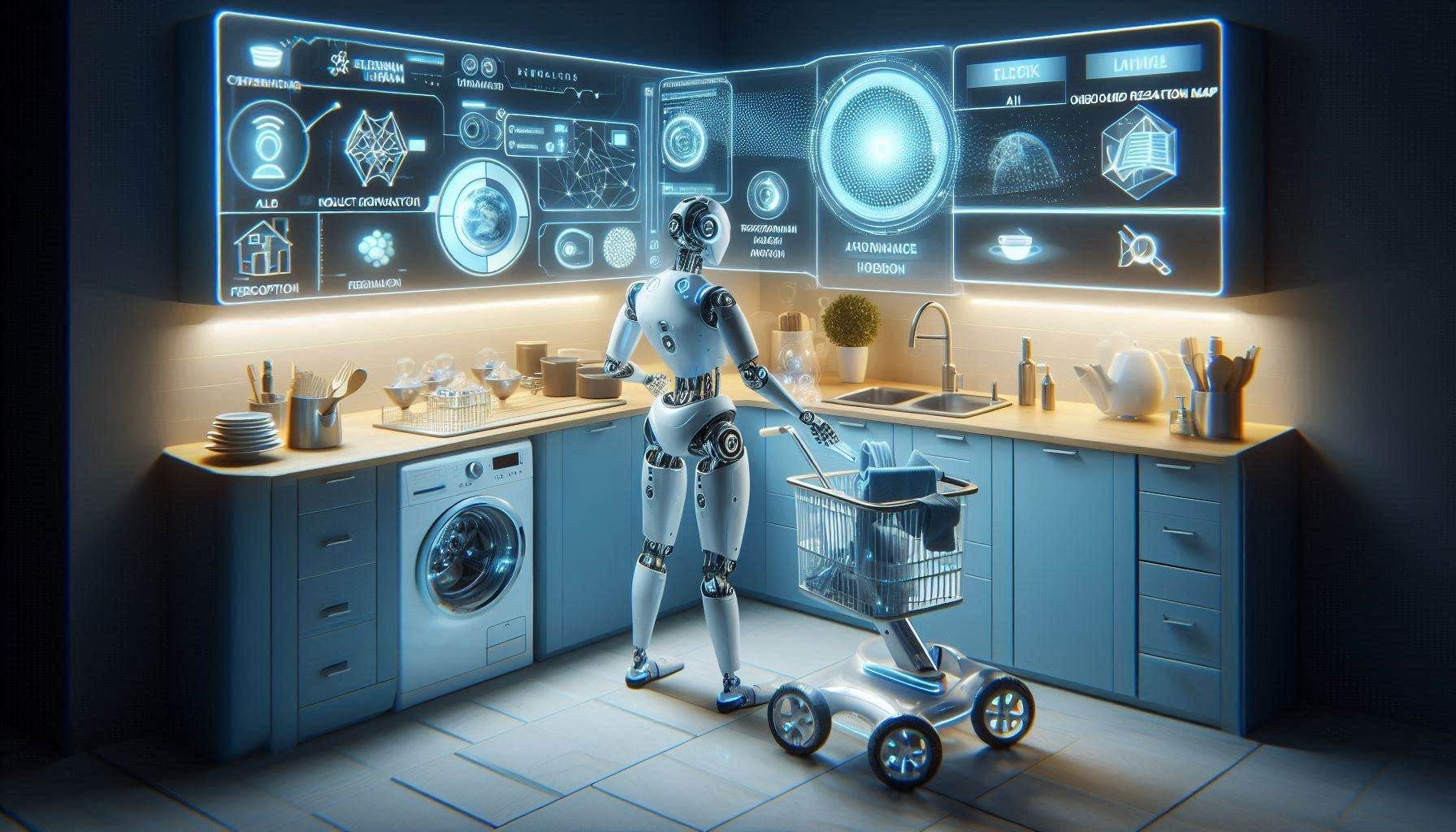 Figure 03 humanoid robot showing home assistance, laundry, cleaning, dish handling, natural language interaction, Helix AI reasoning, onboard perception, object manipulation, and physical AI autonomy.