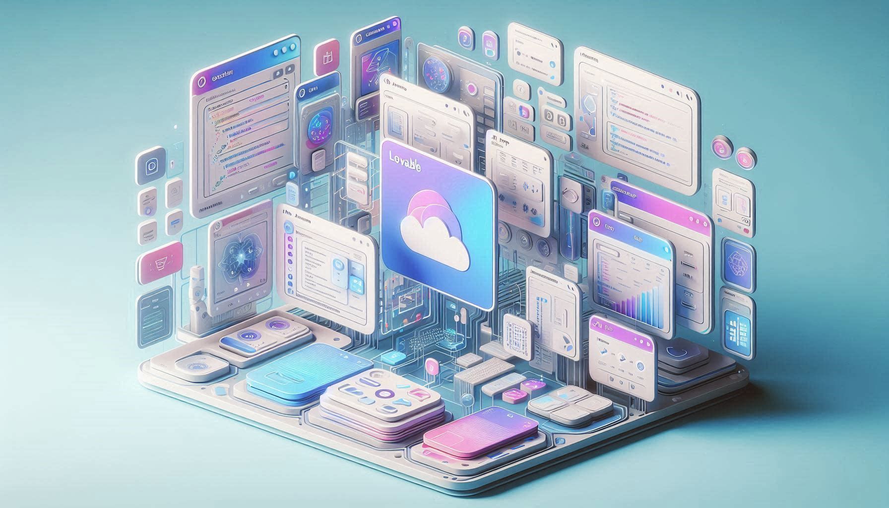Espacio de trabajo de Lovable que muestra pantallas de aplicaciones web generadas por IA, desarrollo basado en instrucciones, integración de bases de datos y flujos de trabajo de despliegue.