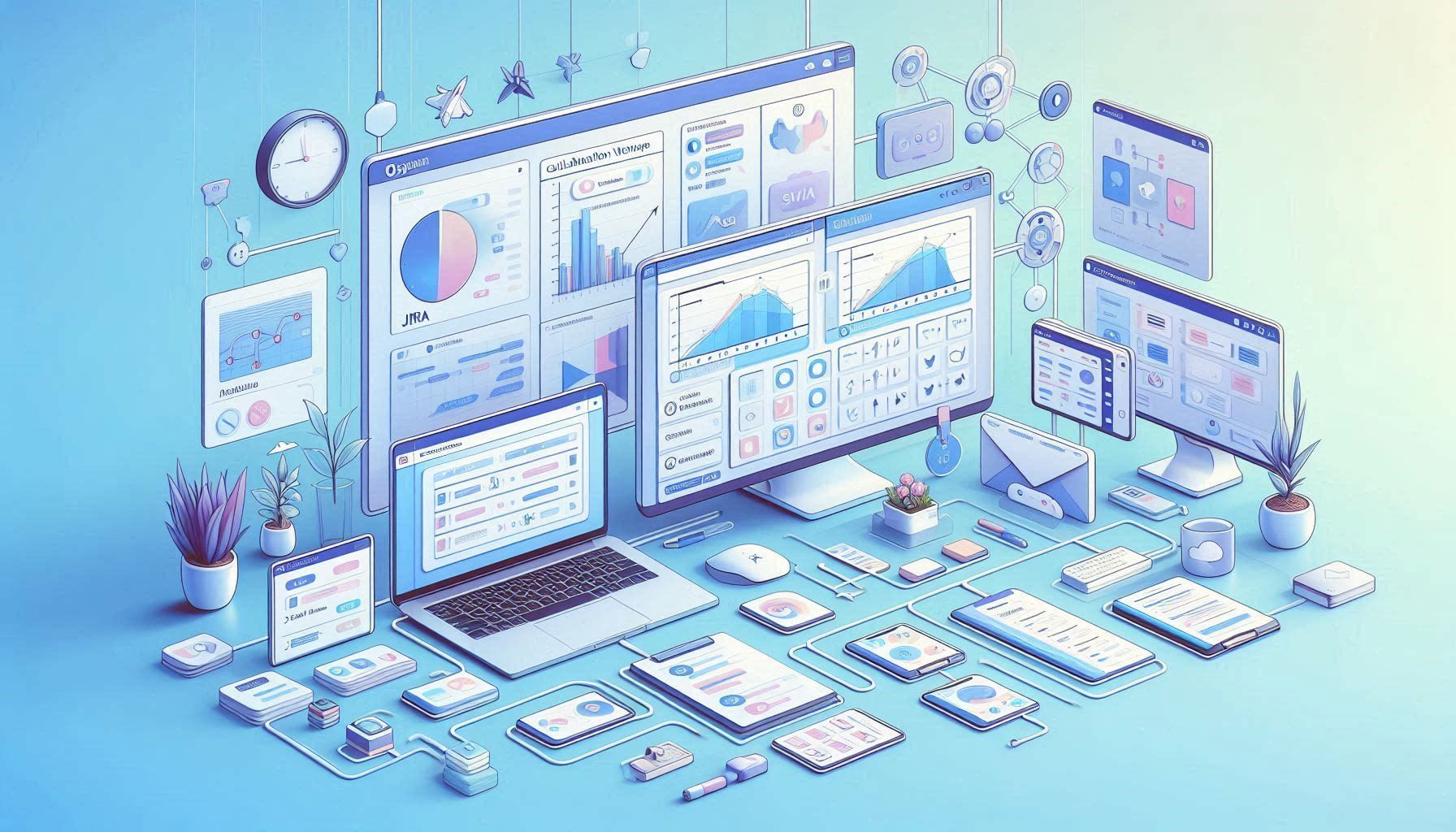 Atlassian 工作區展示了 Jira 專案看板、Confluence 文件、Trello 任務管理和 AI 協作工具。