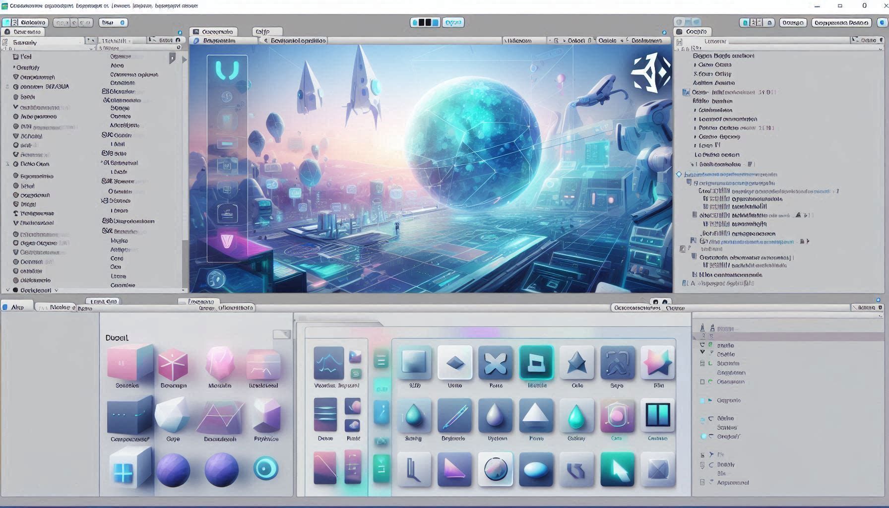 Unity Editor showing real-time 3D scene creation, game development tools, AI-assisted workflows, and cross-platform deployment panels.