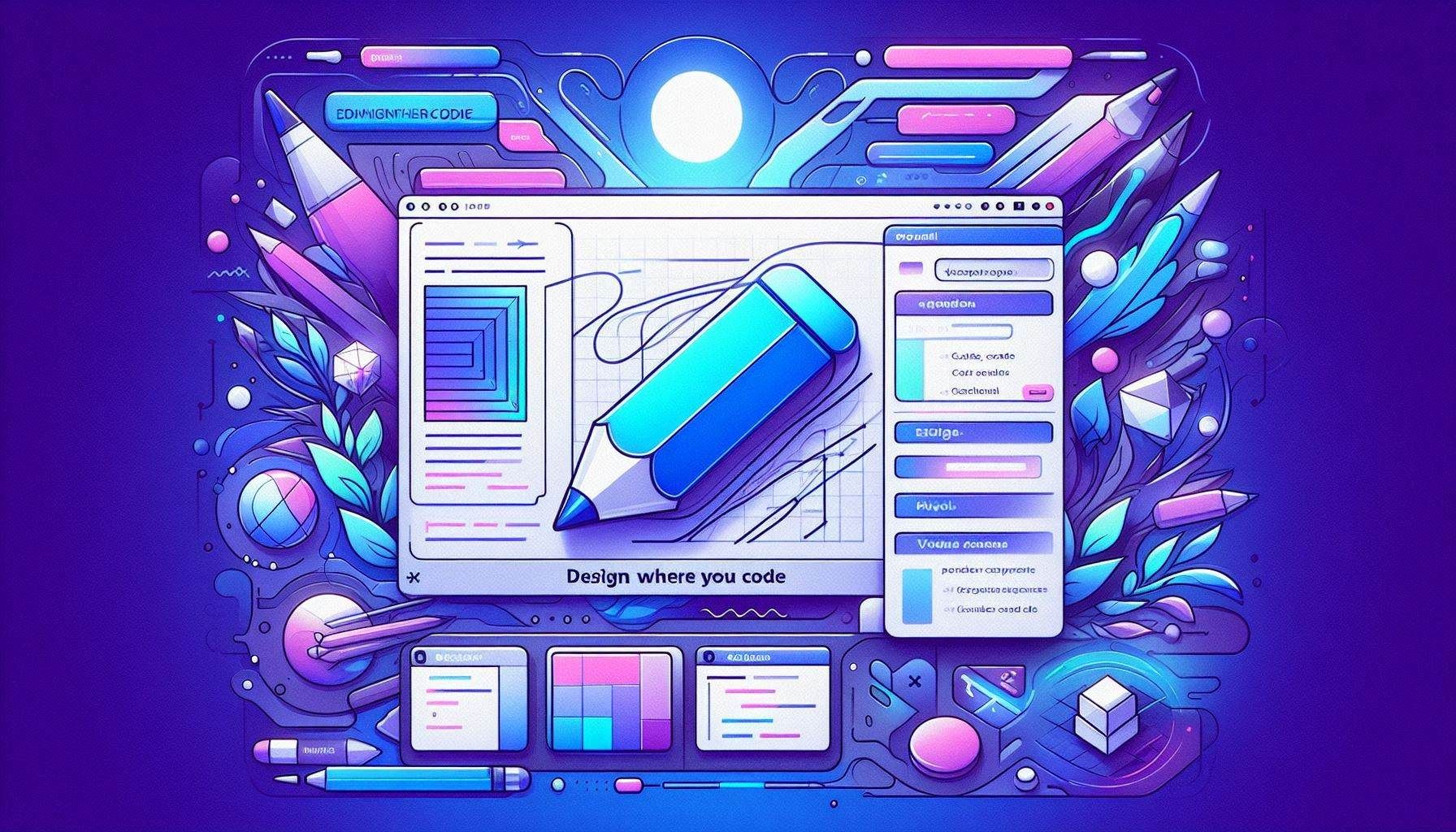 Pencil.dev 介面顯示智能體驅動的 MCP 設計畫布、Cursor 和 VS Code 整合、Claude Code 和 OpenAI Codex 工作流程、開放設計格式、UI 佈局編輯以及設計到程式碼的協作。