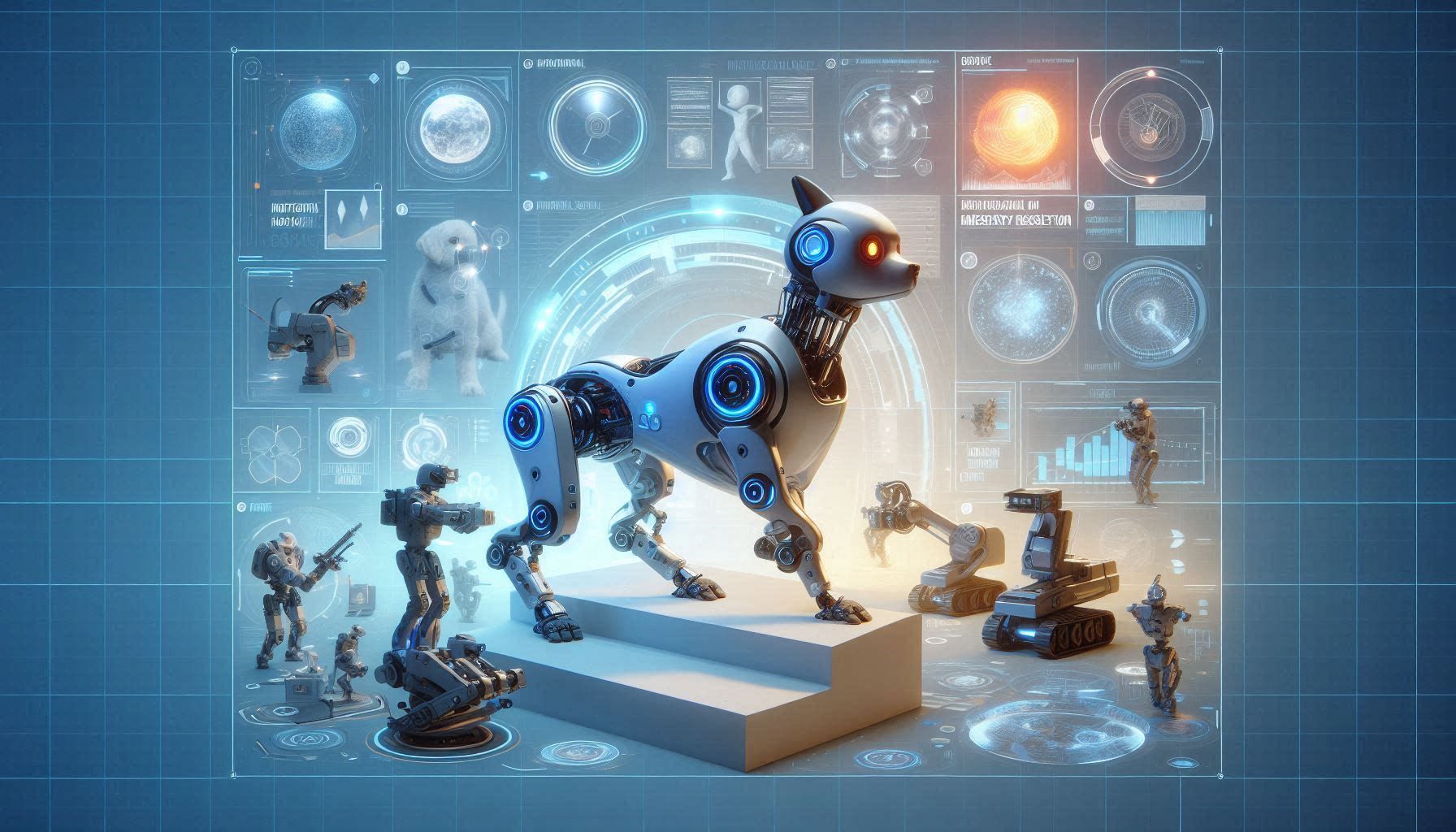 Unitree Robotics product ecosystem showing Go2 robot dog, B2 industrial quadruped, G1 and H1 humanoid robots, robotic arms, dexterous hands, LiDAR perception, developer tools, and physical AI robotics workflows.