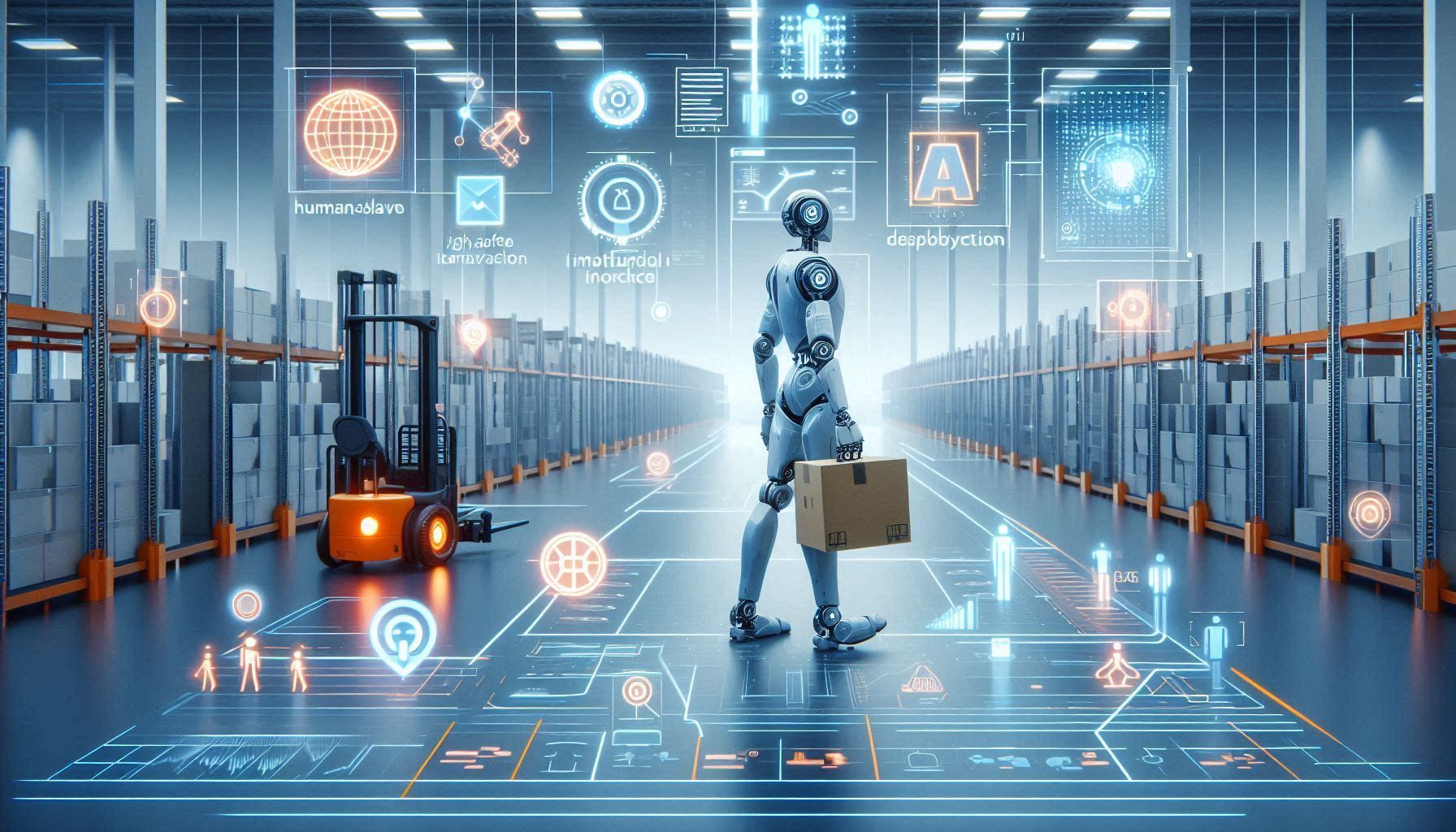 Apptronik Apollo humanoid robot showing warehouse material handling, manufacturing workflow support, human-safe interaction, payload capability, modular mobility, Apollo robot body, and physical AI industrial automation.