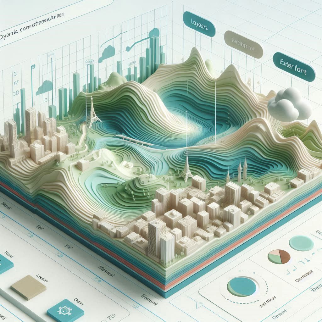 TopoExport interface showing terrain selection, layer configuration, and export of 2D maps and 3D models.