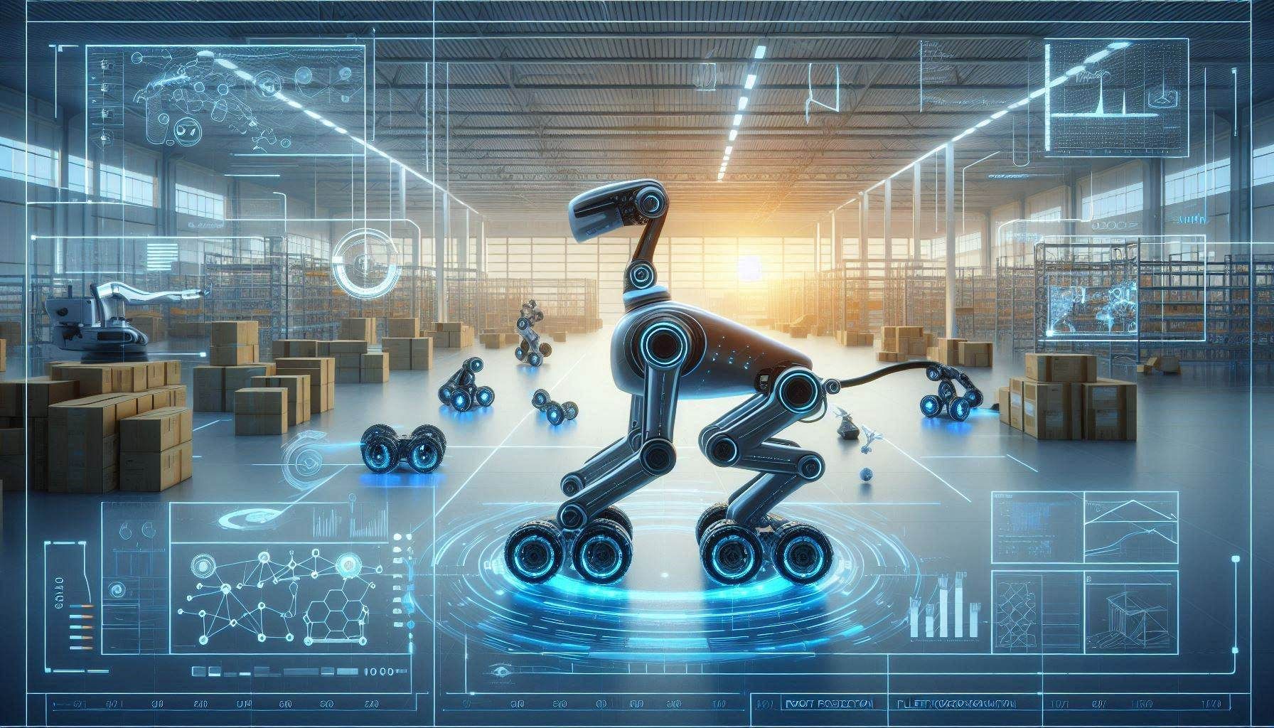Boston Dynamics robotics platform showing Spot inspection robot, Stretch warehouse robot, Atlas humanoid robot, Orbit fleet management dashboard, AI perception overlays, facility analytics, and industrial automation workflows.