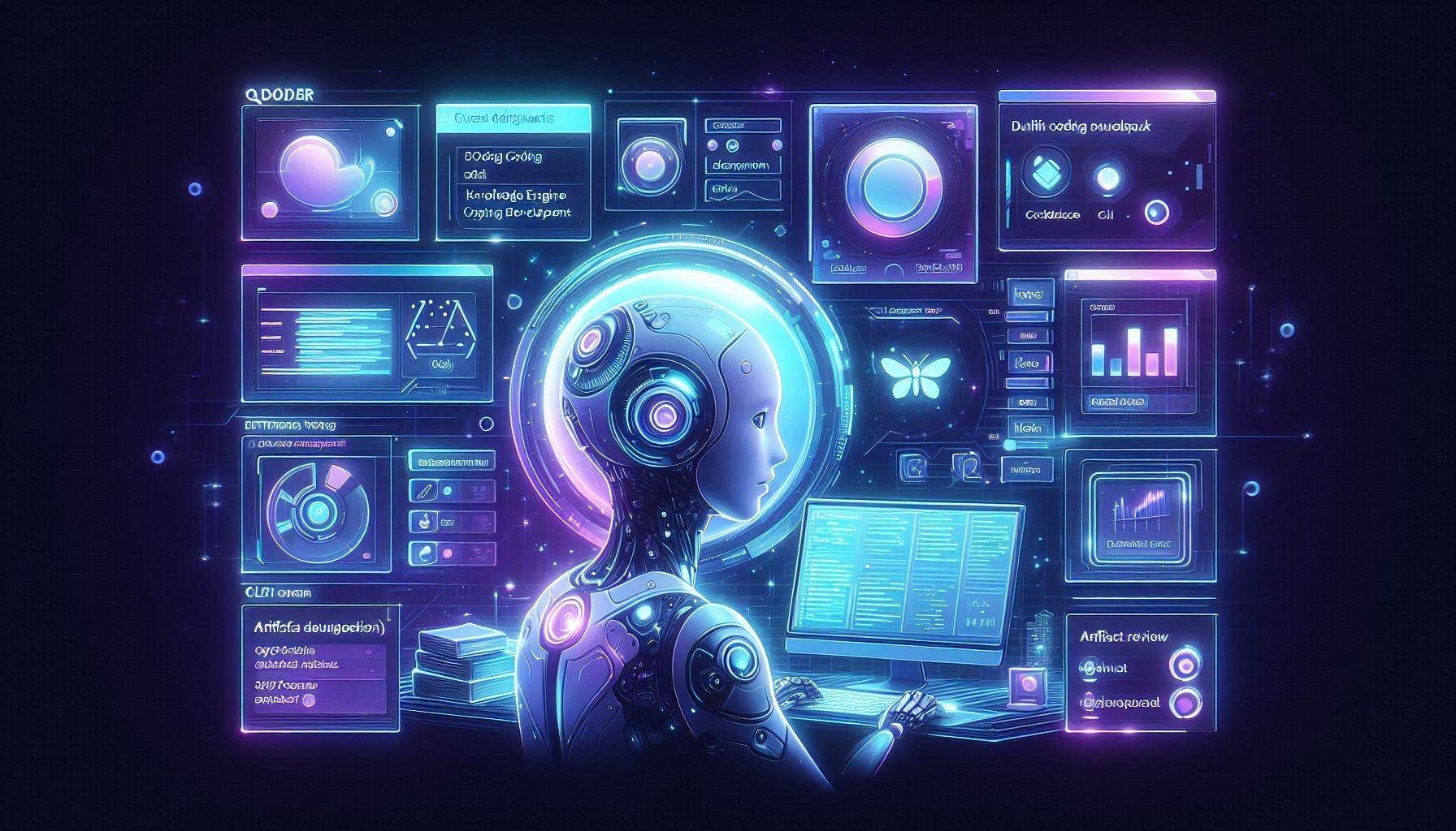 Qoder-Benutzeroberfläche mit autonomem Entwicklungs-Desktop, Quest-Window-Aufgabendelegation, Editor-Window-Codierungs-Workflow, Knowledge Engine, Multi-Agenten-Zusammenarbeit, CLI-Tools, Codebasis-Verständnis und KI-Software-Engineering-Agenten.