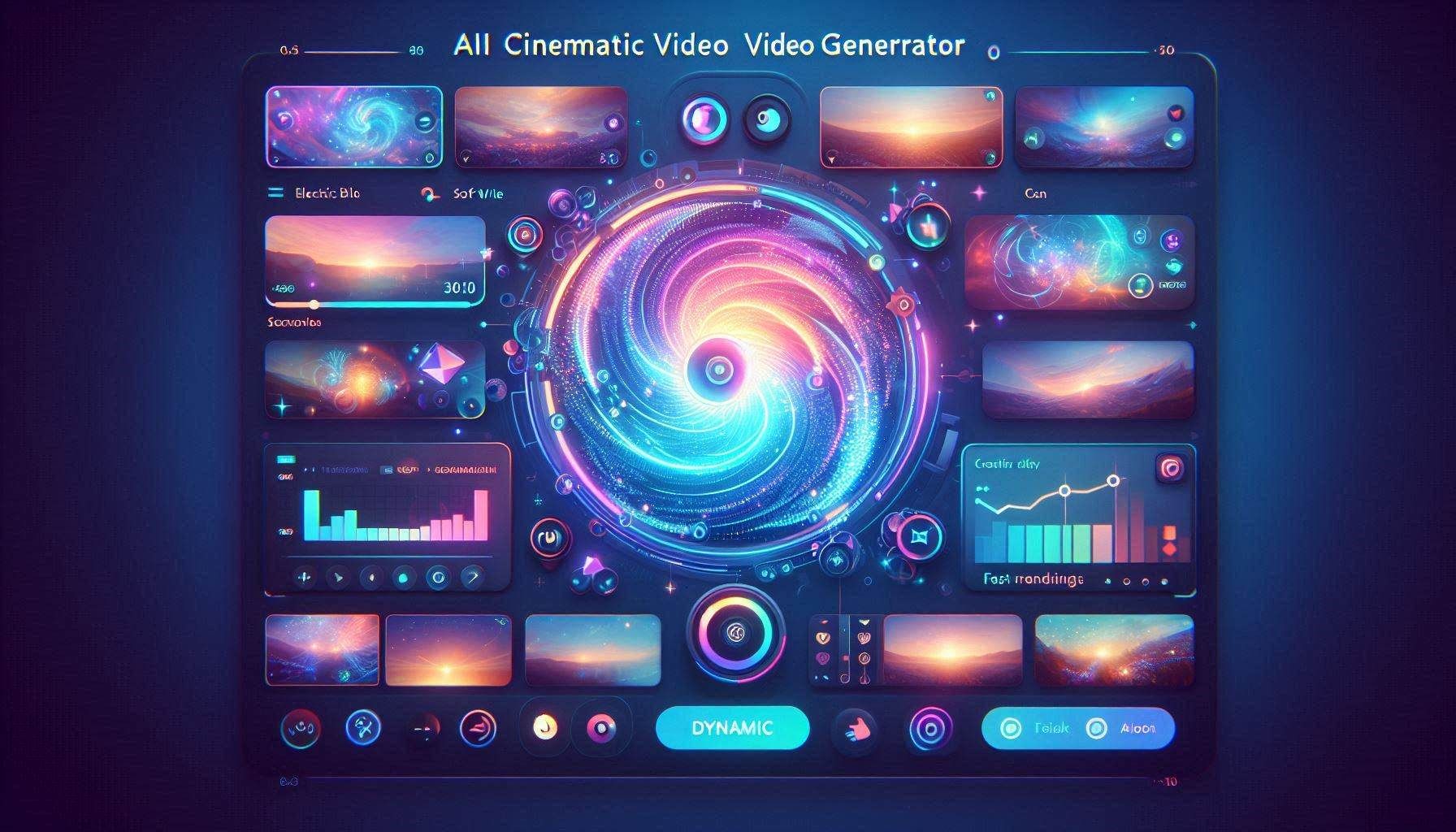 Sparkv dashboard showing AI video prompt creation, cinematic scene generation, short-form video previews, creative templates, visual style controls, and generated media outputs.