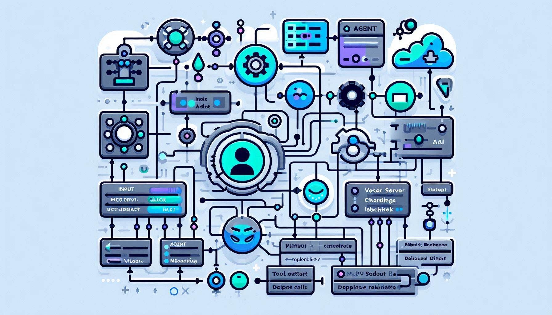 Langflow visual editor showing AI agent flows, MCP server configuration, RAG pipeline, LLM nodes, vector database components, chat playground, API deployment, and reusable Python components.