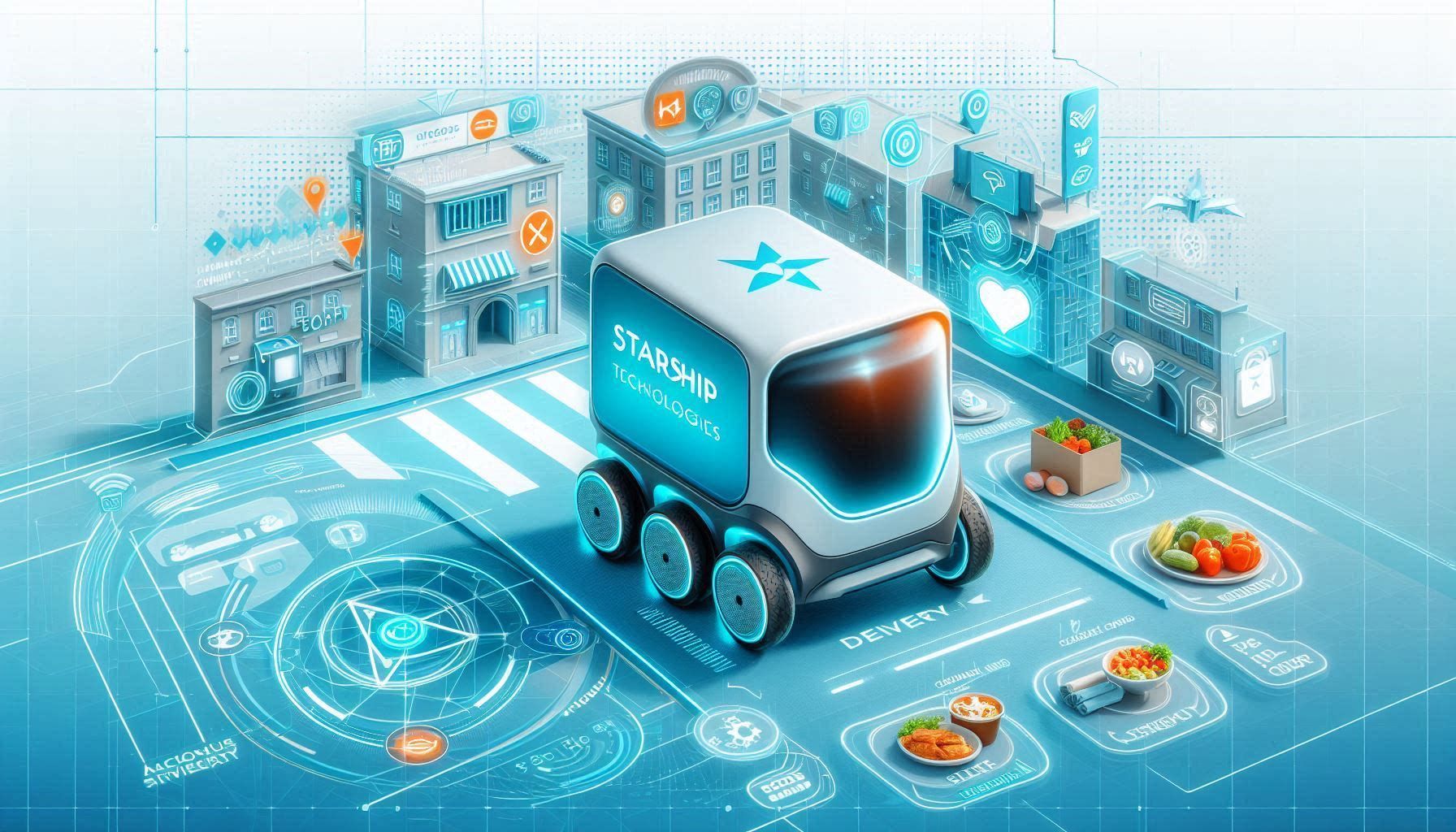 Starship Technologies autonomous sidewalk delivery robot showing food and grocery delivery, sensor-based navigation, road crossing, machine learning perception, delivery app workflow, and low-emission last-mile logistics.