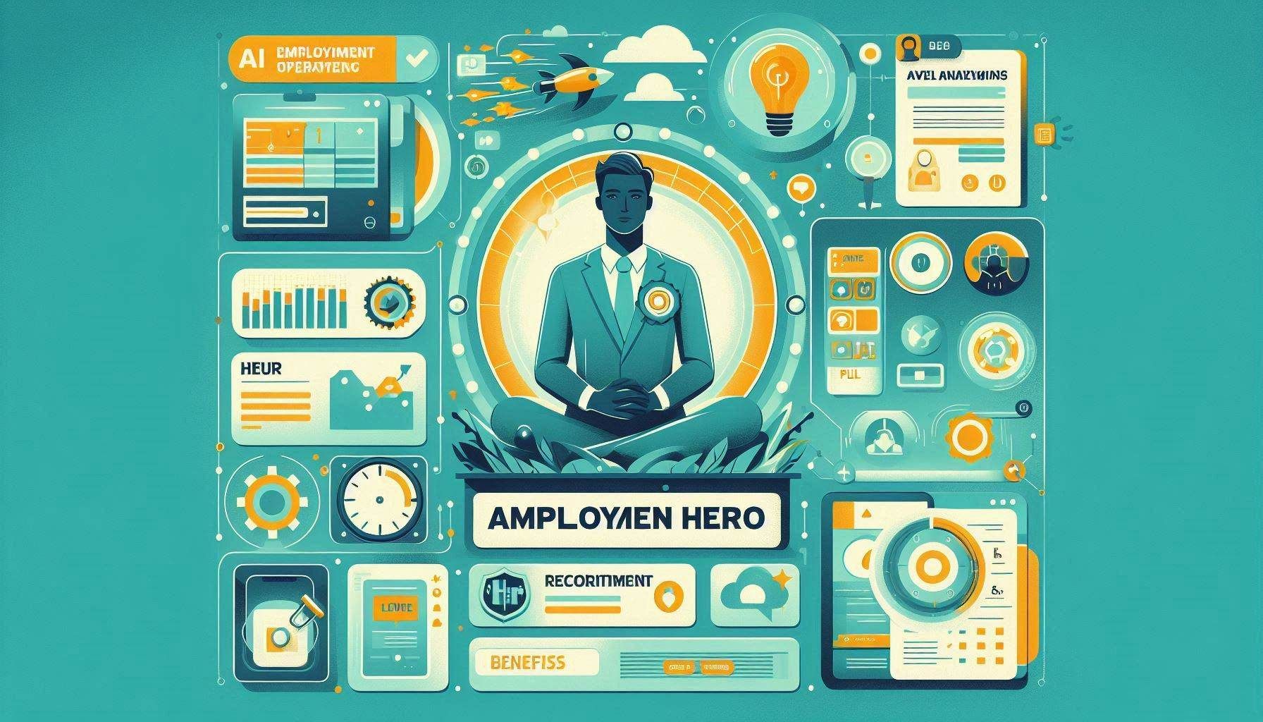 Employment Hero dashboard showing AI-powered HR workflows, payroll automation, recruitment pipeline, onboarding tasks, employee records, compliance reminders, leave management, benefits, and workforce insights.