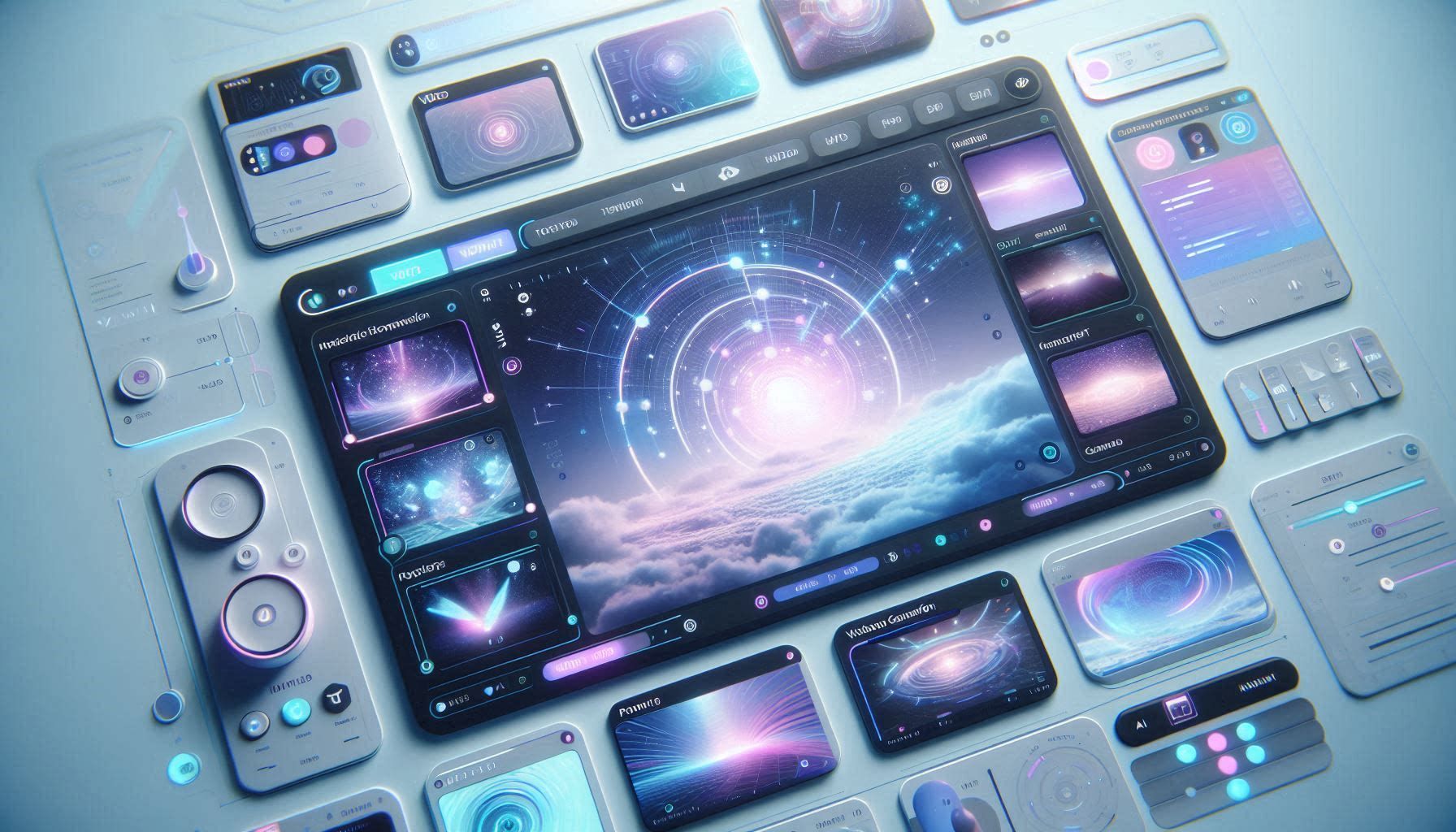 Kling AI workspace showing text-to-video generation, image animation, cinematic camera movement, and AI video previews.