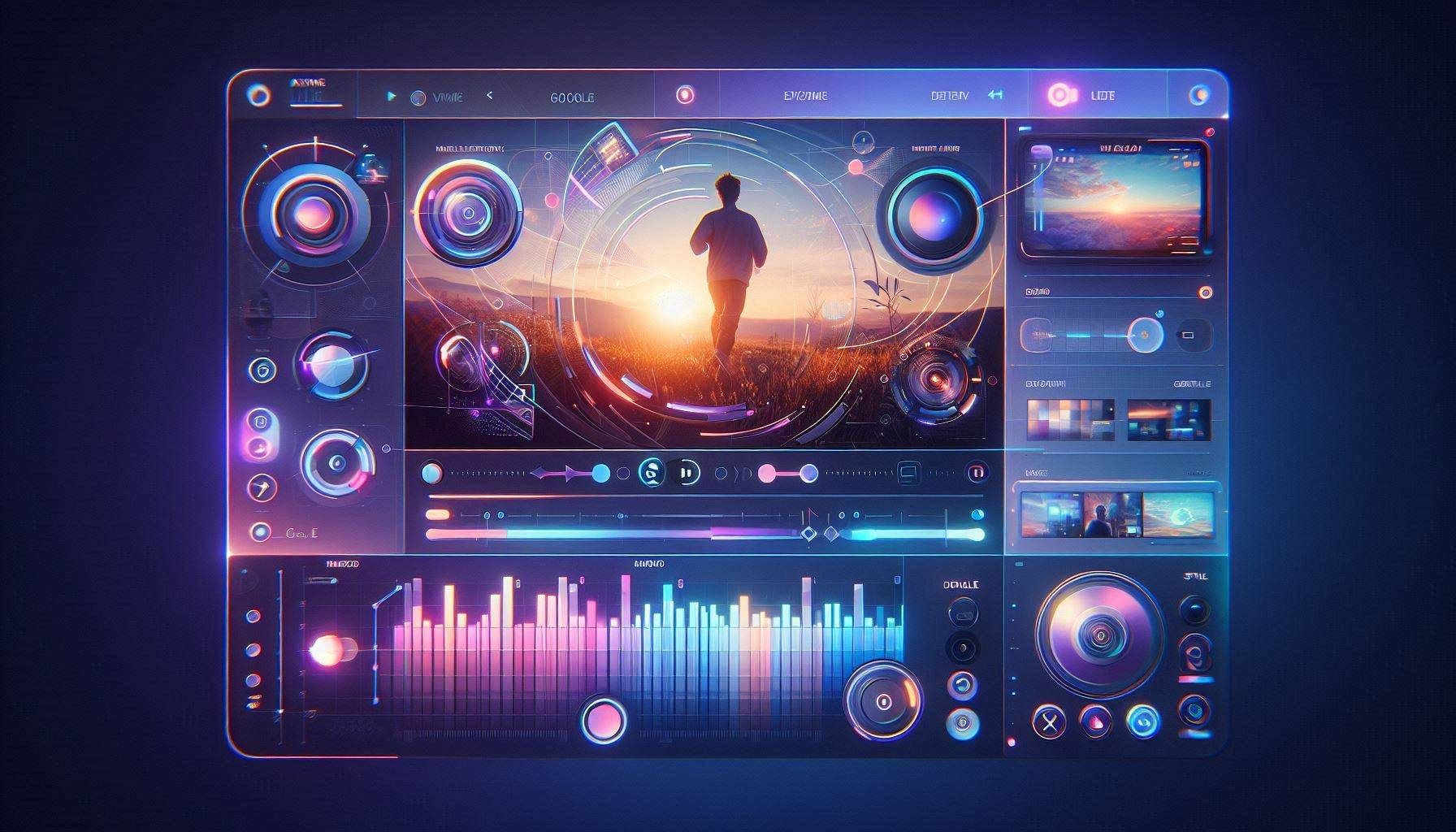 L'interface de génération vidéo Veo AI montrant les commandes de prompts cinématographiques, l'audio natif, le mouvement de la caméra, la physique réaliste, la génération de dialogues, le flux de travail Google Flow, l'accès Gemini et les aperçus vidéo générés.