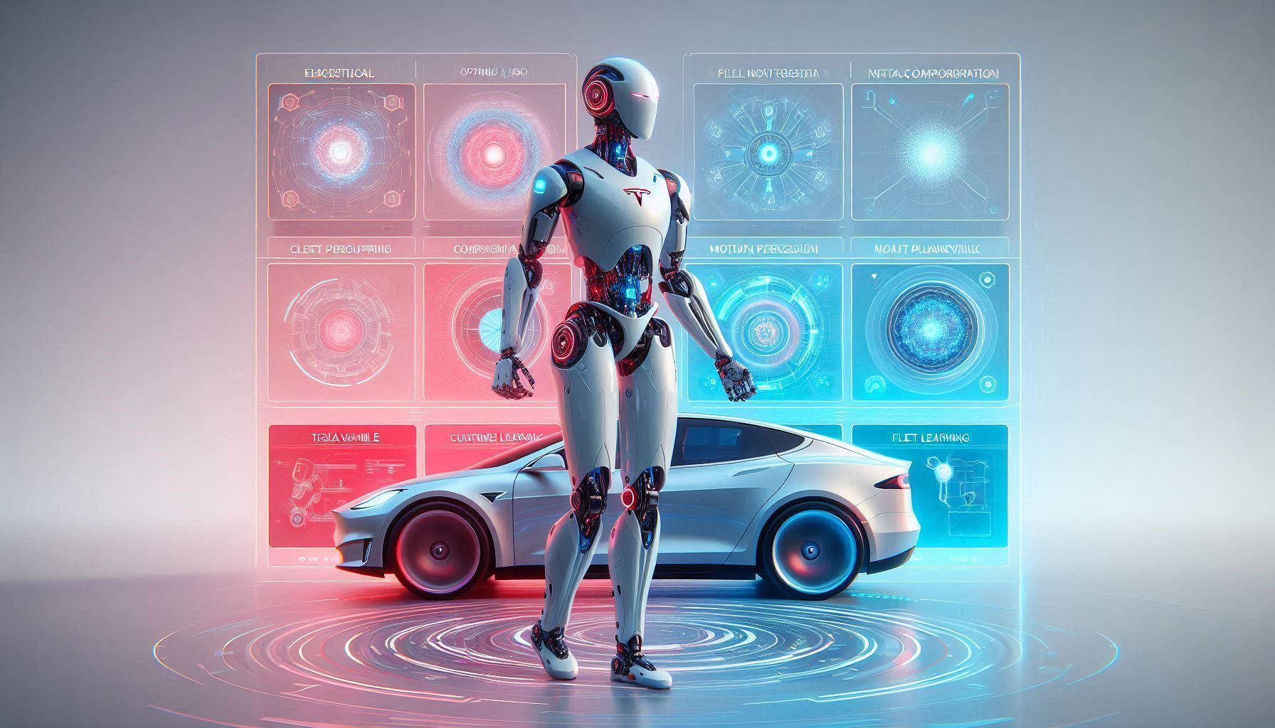 Tesla AI platform showing Full Self-Driving neural networks, Optimus humanoid robot, AI inference chip, Dojo supercomputer training, computer vision perception, motion planning, controls, fleet learning, and physical AI autonomy.