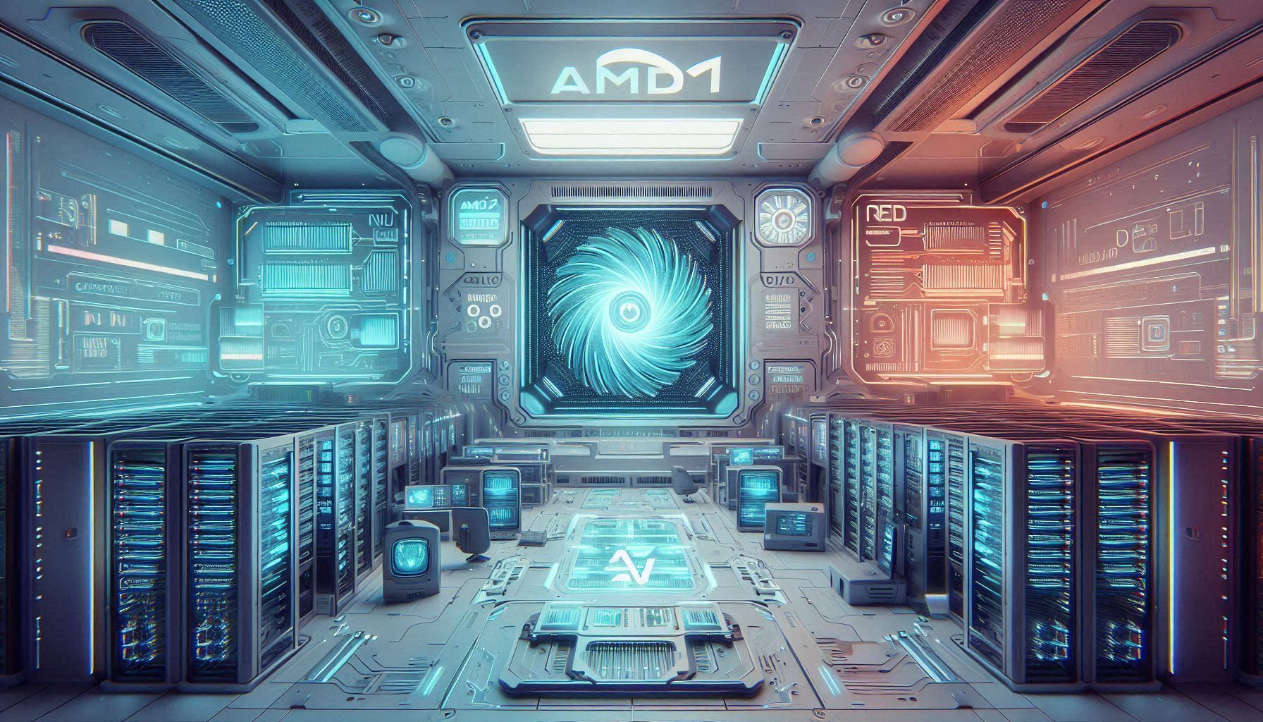 AMD AI platform showing Instinct GPU accelerators, EPYC server CPUs, Ryzen AI PCs, ROCm software stack, AI inference, model training, data center infrastructure, edge AI, and developer cloud workflows.
