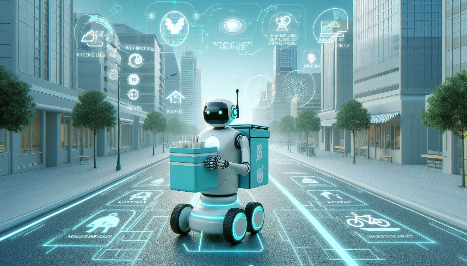 Serve Robotics autonomous delivery robot navigating a city sidewalk with AI perception, camera sensors, delivery compartment, pedestrian awareness, route planning, and low-emissions last-mile logistics workflow.