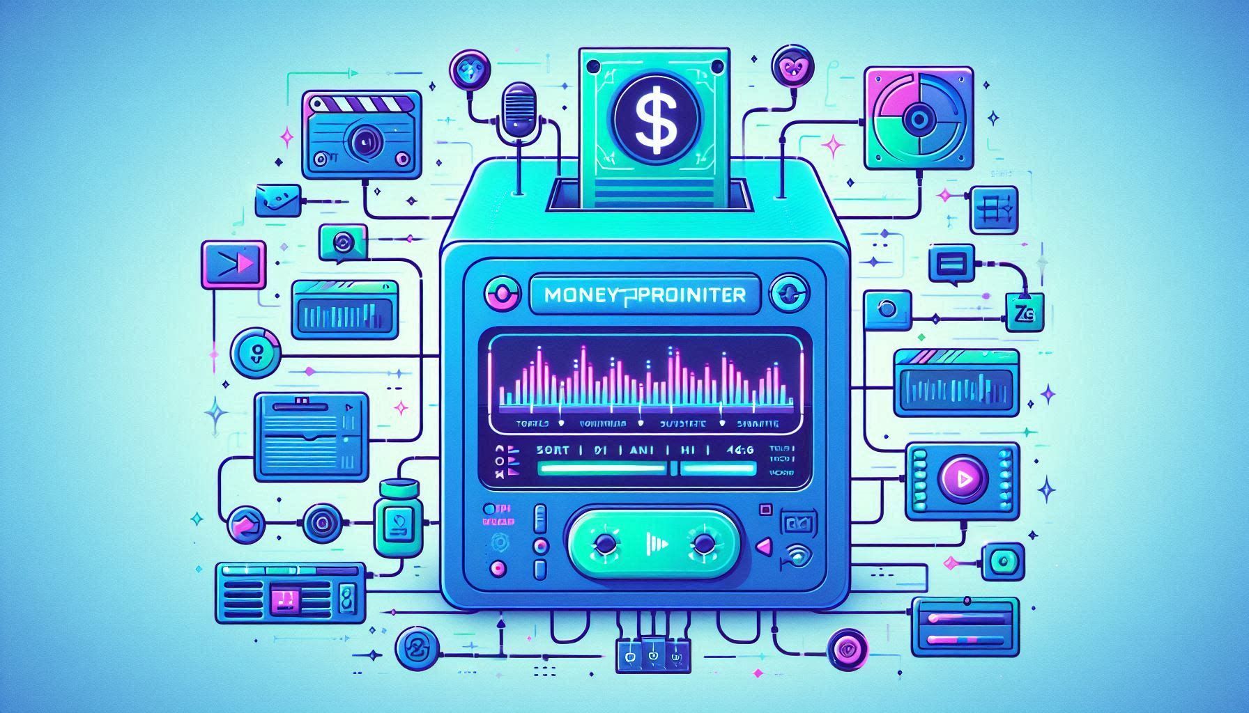 MoneyPrinterTurbo interface showing AI video script generation, media asset selection, subtitle styling, voice synthesis, background music, batch video creation, Web UI, API workflow, and HD short video export.