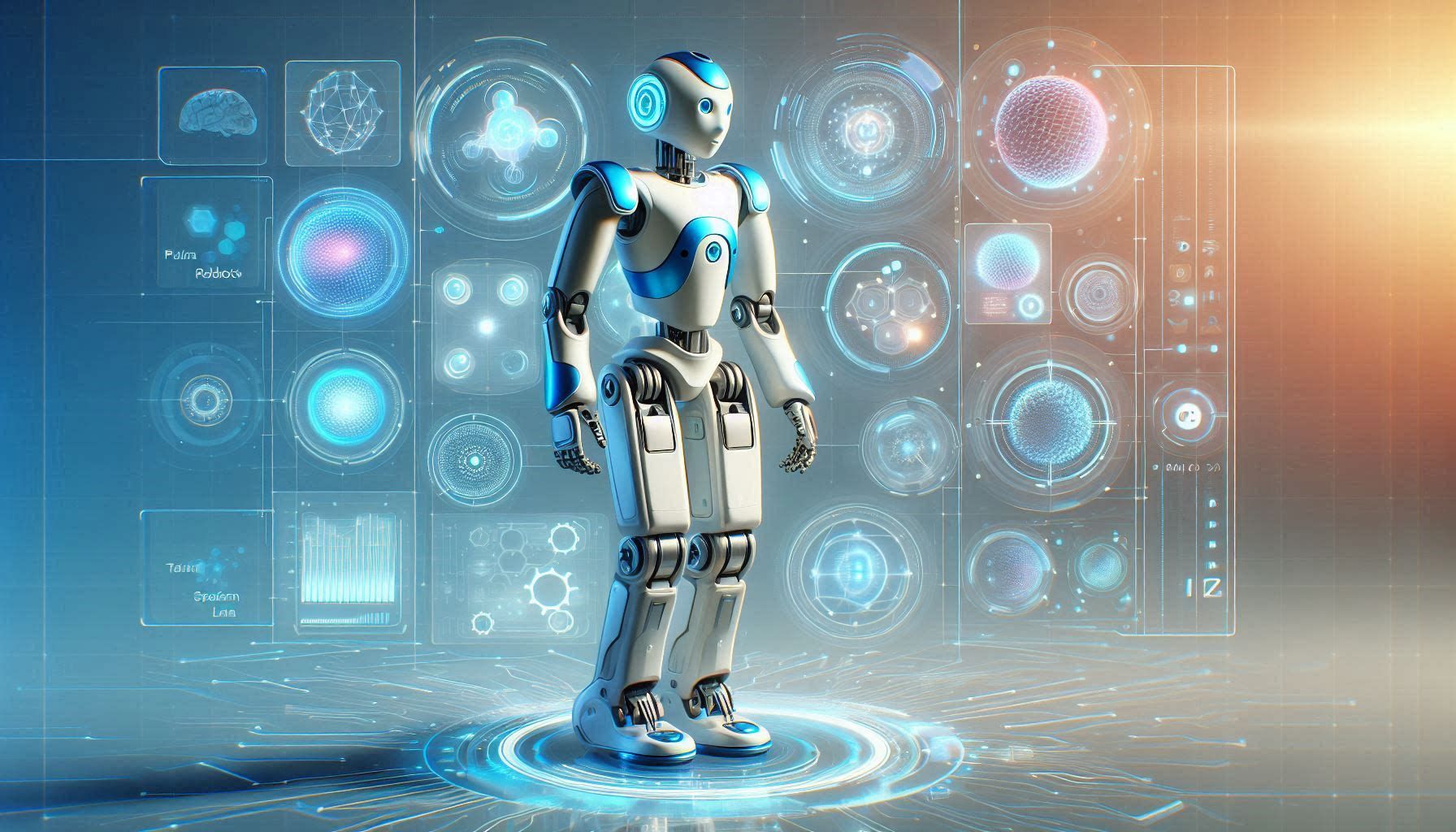 NEURA Robotics ecosystem showing 4NE1 humanoid robot, MiPA service robot, MAiRA cognitive cobot, LARA collaborative robot, MAV autonomous mobile robot, AURA AI perception, Neuraverse apps, and physical AI automation workflows.