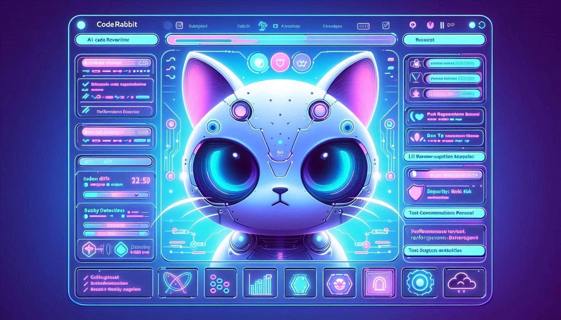 CodeRabbit dashboard showing AI pull request review, inline code comments, bug detection, security feedback, performance suggestions, GitHub integration, IDE review panel, CLI workflow, and development planning.