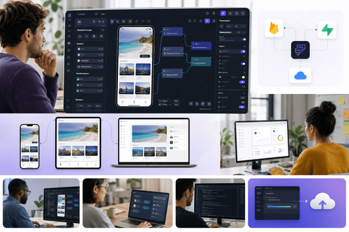 FlutterFlow 畫布展示元件樹、屬性面板與動作流程編輯器，搭配實時設備預覽與主題控制，整合 REST 回應與 Firebase 數據，跨響應式斷點自動調整。